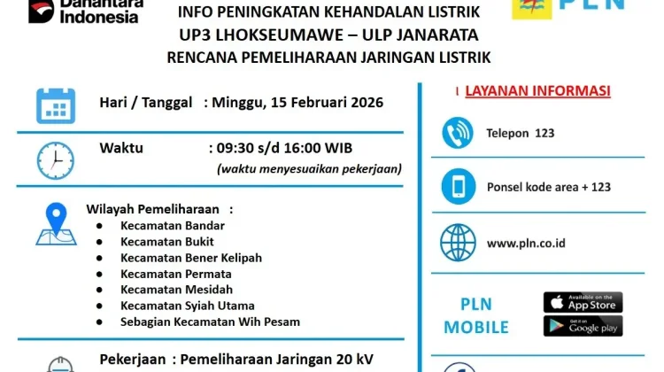 Pemeliharaan Jaringan Listrik, PLN Akan Lakukan Pemadaman
